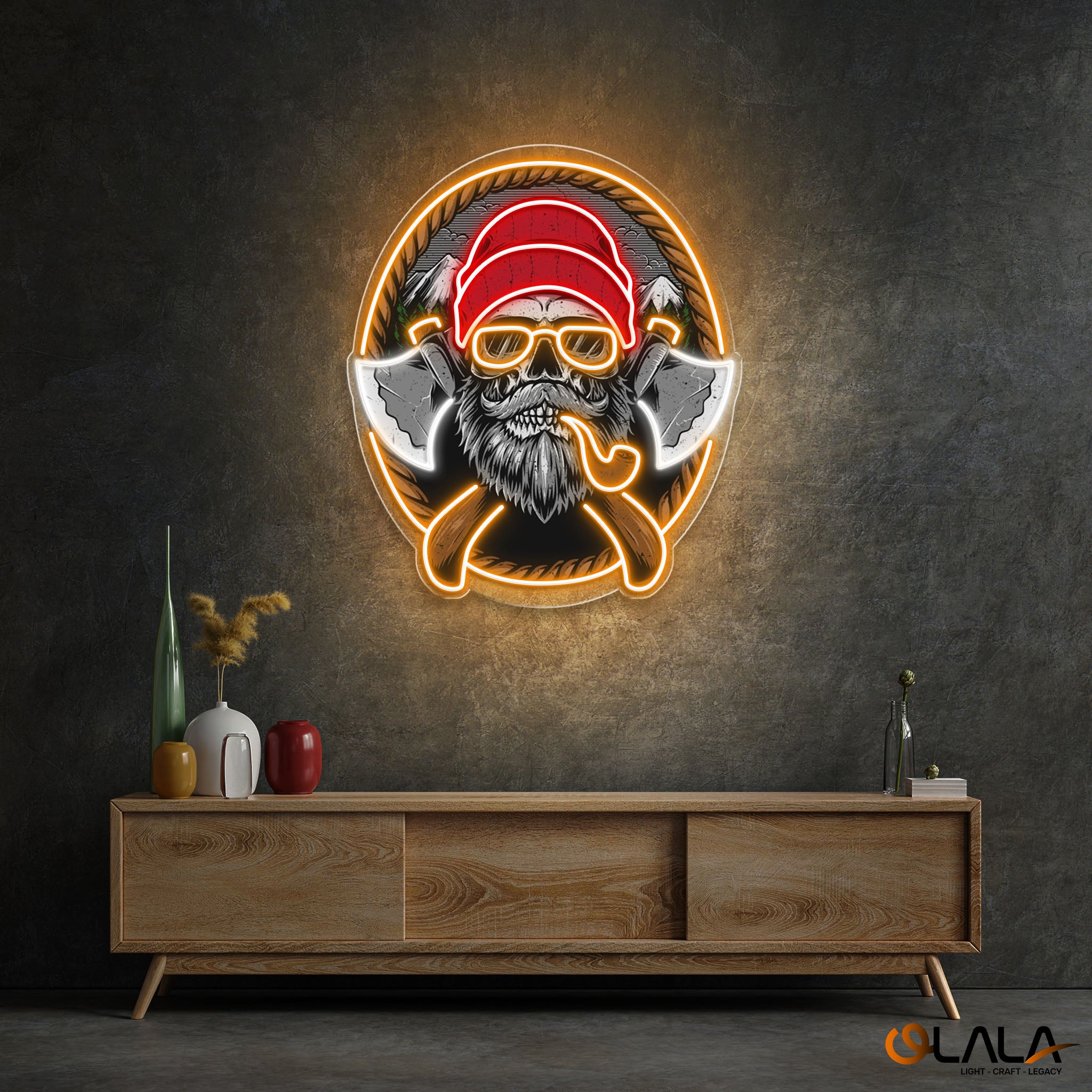 Beard Woodman Skull With Axe Neon Sign Light Artwork