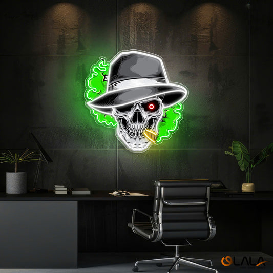 Skull, Hat & Smoke in the Neon Glow Neon Sign Light Artwork