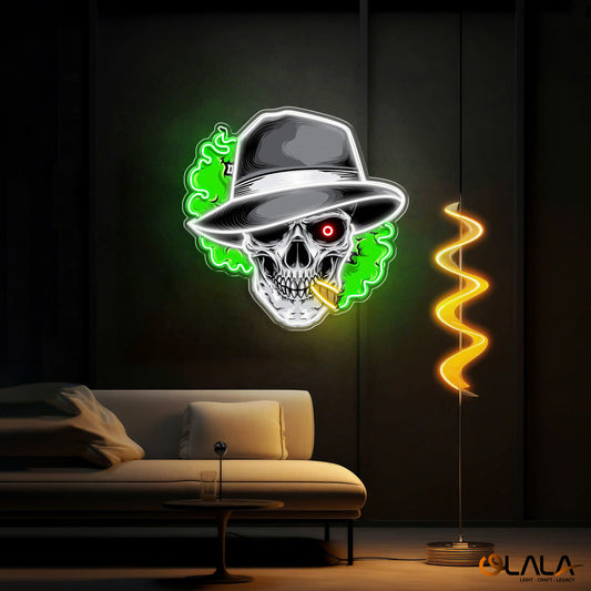 Skull, Hat & Smoke in the Neon Glow Neon Sign Light Artwork