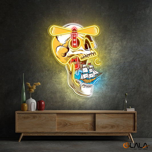 Ghost Ship's Beacon Skull, Lighthouse & Ship Neon Light Artwork
