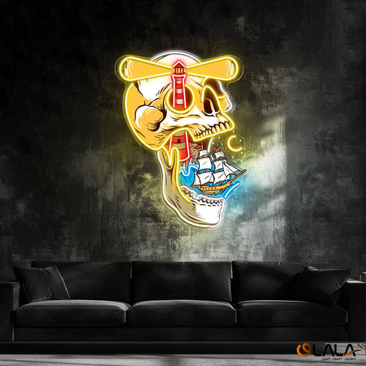 Ghost Ship's Beacon Skull, Lighthouse & Ship Neon Light Artwork