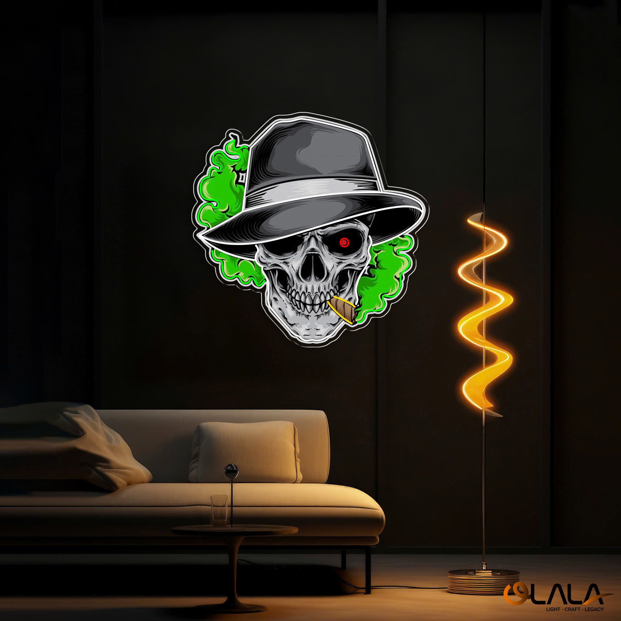 Skull, Hat & Smoke in the Neon Glow Neon Sign Light Artwork